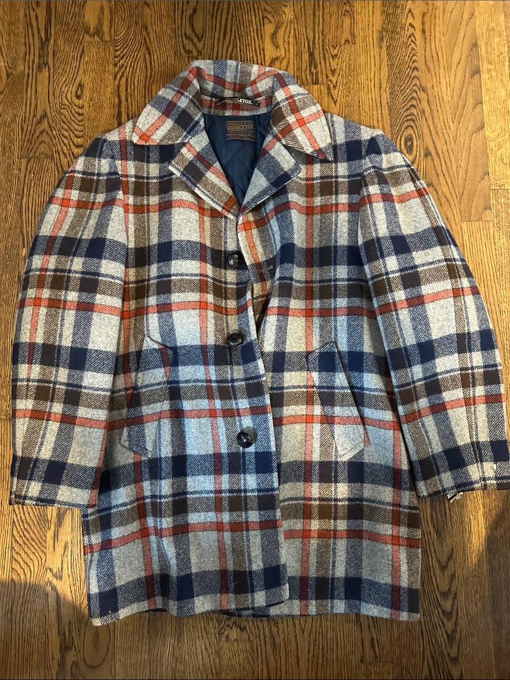 Vintage Wool Plaid Pea Coat - Navy, Gray & Rust
